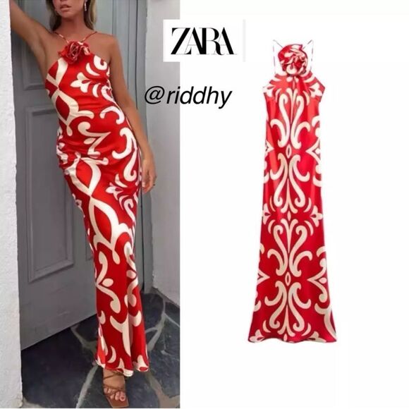 Blogger favorite red satin halter dress with floral applique (brand Mango) - Picture 15 of 15